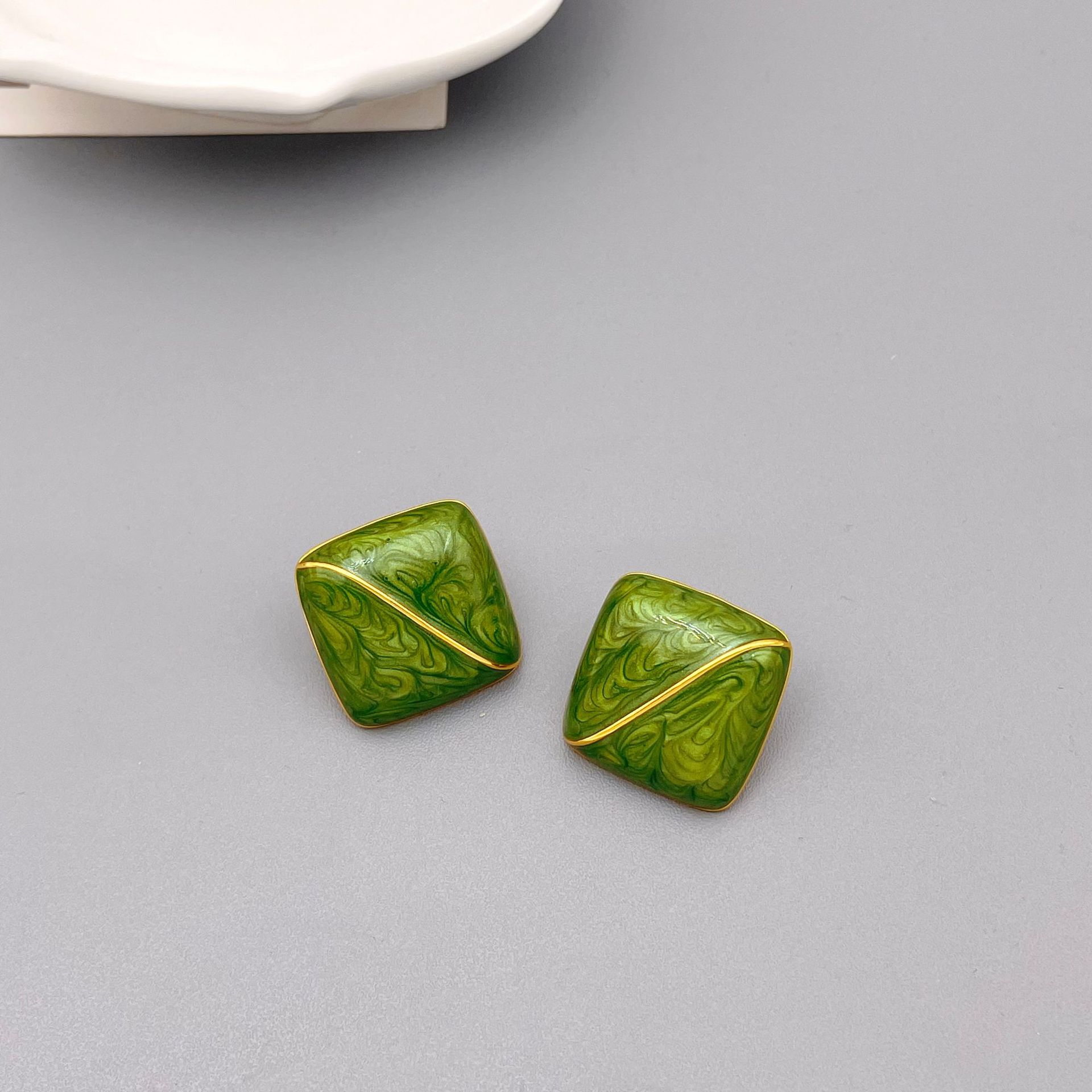 Vintage Vintage Forest Green Enamel Square Stud Earrings