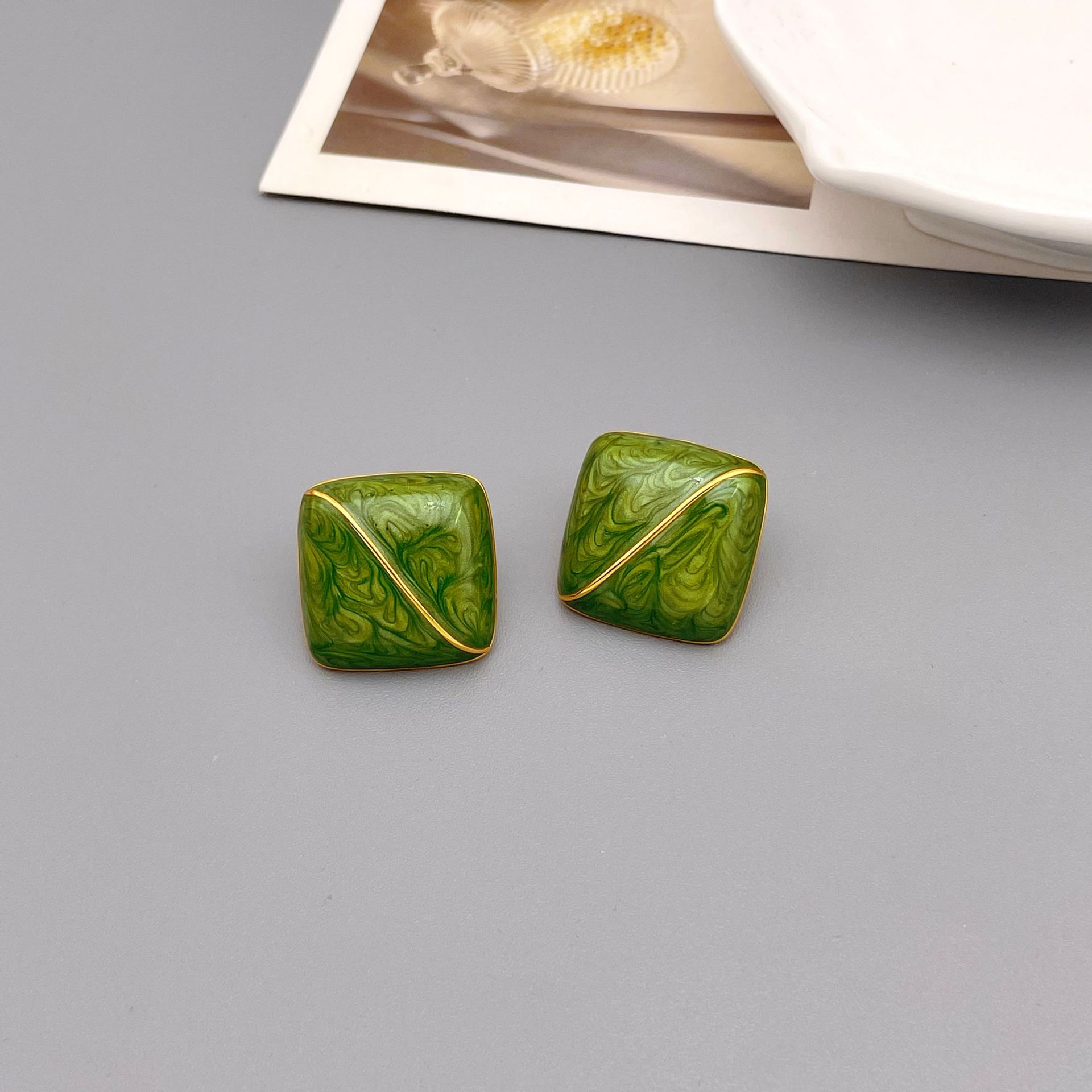 Vintage Vintage Forest Green Enamel Square Stud Earrings