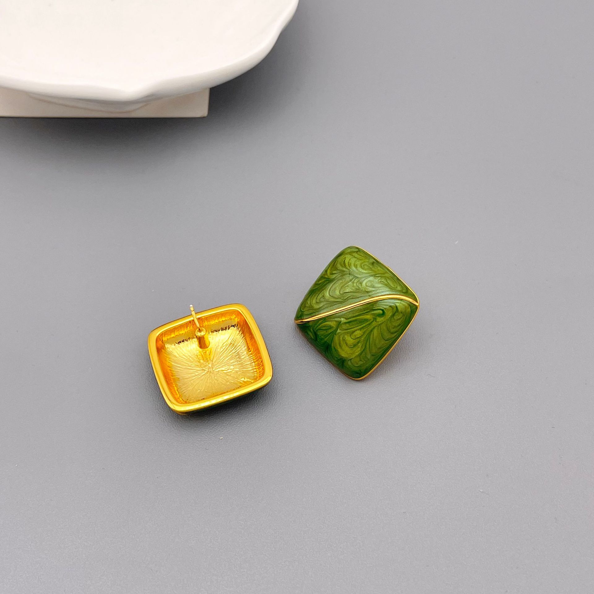 Vintage Vintage Forest Green Enamel Square Stud Earrings