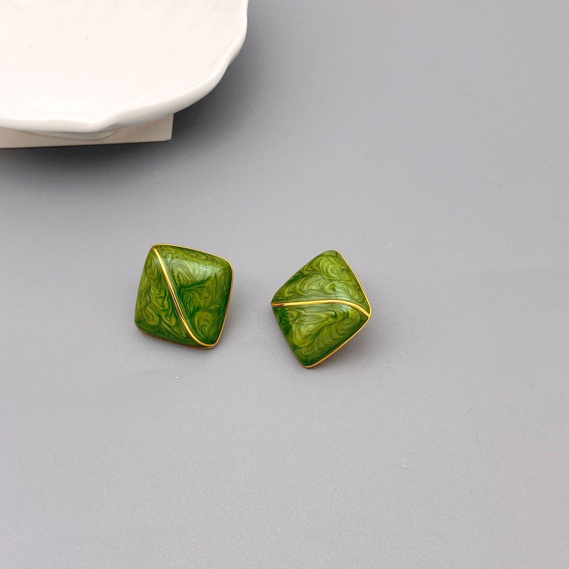 Vintage Vintage Forest Green Enamel Square Stud Earrings
