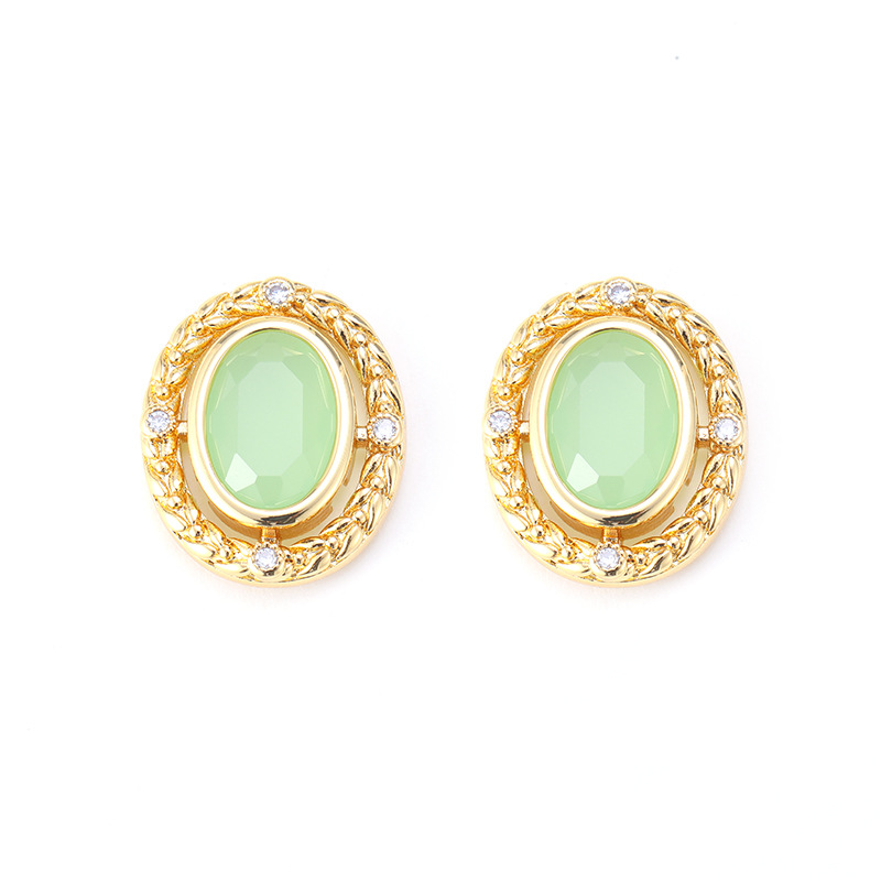 Oval Inlaid Jade Simple Stud Earrings