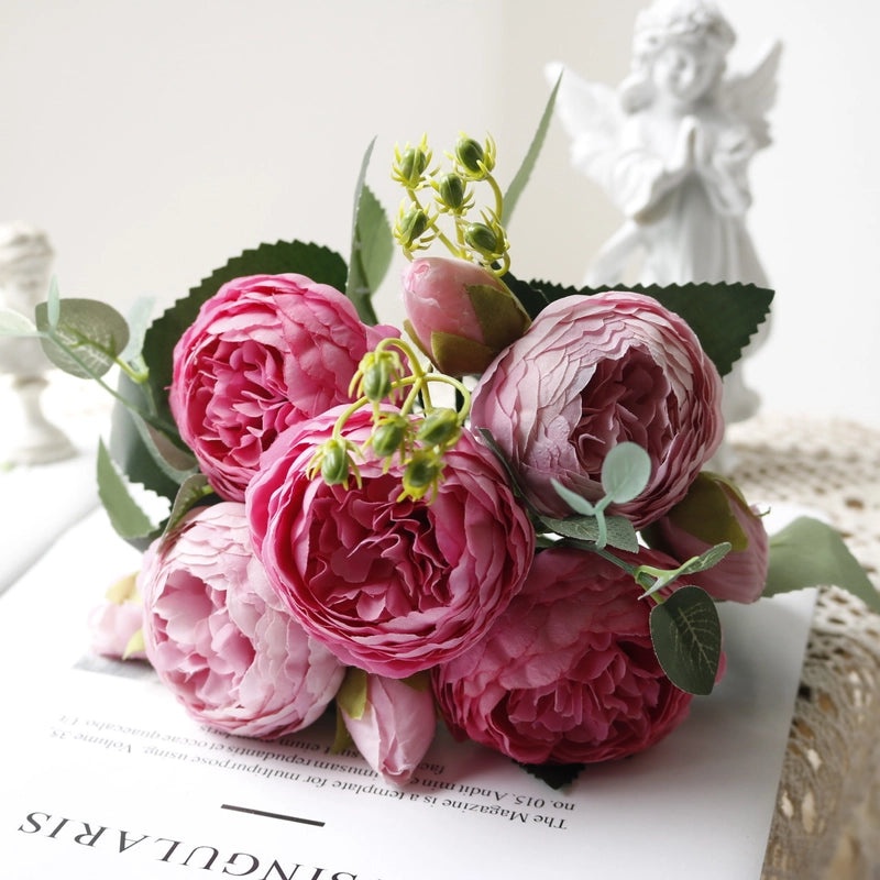 Korean Style 5 Small Peonies and 5 Philippios Rose Artificial Flowers for Wedding Home Decoration|Home Decor Artificial Flowers