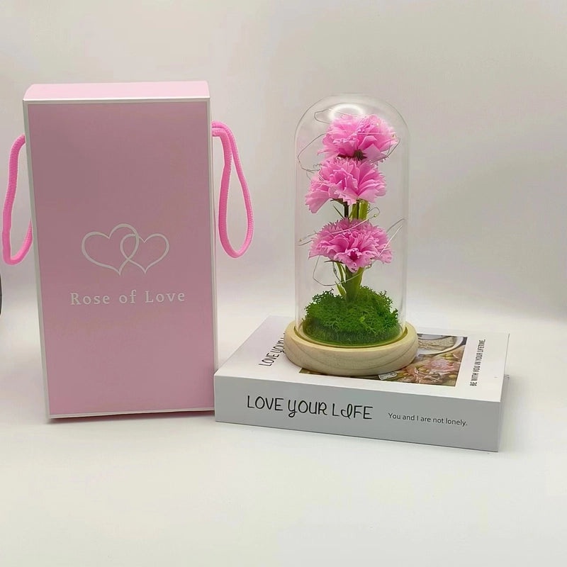 Eternal Rose and Carnation Gift Box with Glass Cover for Mother's Day Valentine's Birthday|Gifts & Flowers
