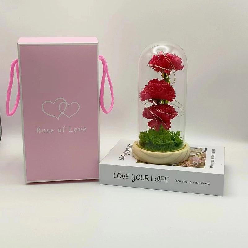 Eternal Rose and Carnation Gift Box with Glass Cover for Mother's Day Valentine's Birthday|Gifts & Flowers