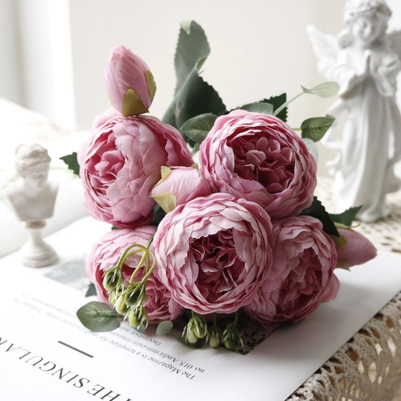 Korean Style 5 Small Peonies and 5 Philippios Rose Artificial Flowers for Wedding Home Decoration|Home Decor Artificial Flowers