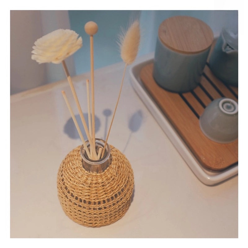 Handwoven Straw Aromatherapy Dried Flower Vase Korean Japanese Style Glass Perfume Bottle|Home Decor & Fragrance