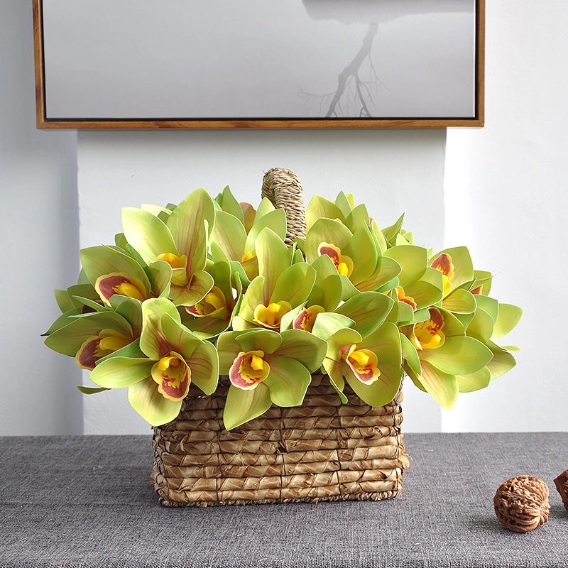 Hand-tied 4-Head Artificial Cymbidium Silk Flower Bouquet with 3D Printing for Home Soft Decoration|Home Decor Artificial Flowers