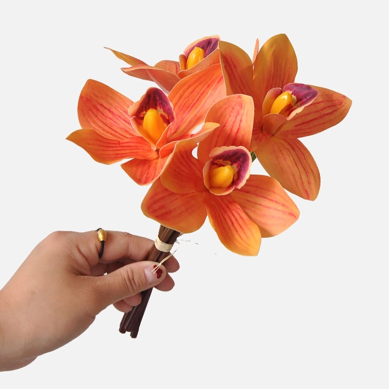 Hand-tied 4-Head Artificial Cymbidium Silk Flower Bouquet with 3D Printing for Home Soft Decoration|Home Decor Artificial Flowers