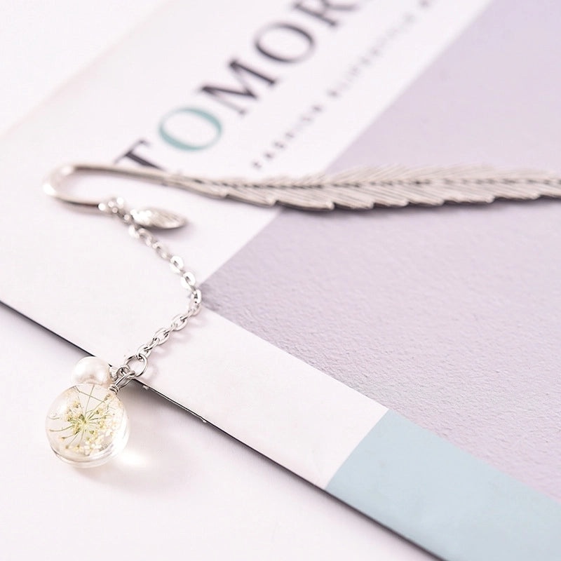 Glass Dried Flower Plant Specimen with Metal Feather Bookmark | Home Decor & Stationery