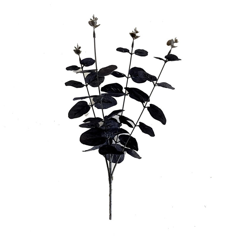Halloween Black Eucalyptus Leaves Artificial Green Plants Decorative Flowers Single Stem with 4 Forks|Home Decor Artificial Plants