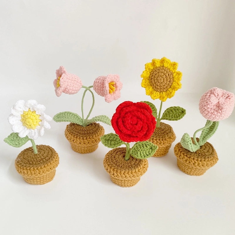 Handmade Wool Crochet Artificial Sunflower and Rose Plant Pot Decor for Car and Home | Home Decor