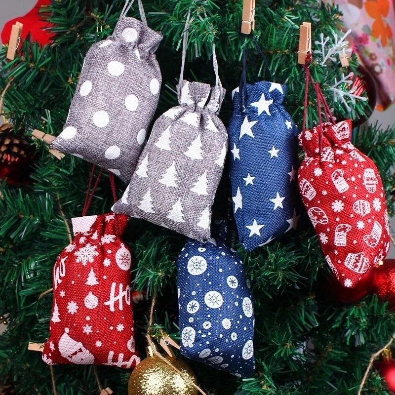 Colorful Christmas Linen Drawstring Gift Bags Cartoon Candy Pouch Set 24pcs | Holiday Gift Bags
