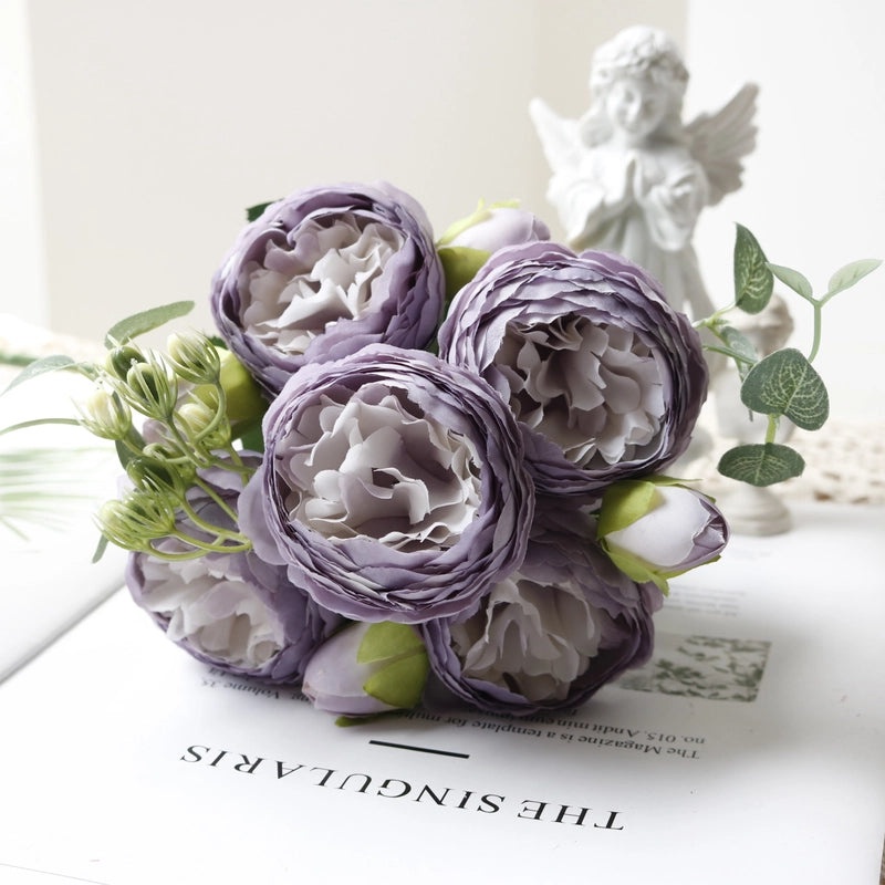 Korean Style 5 Small Peonies and 5 Philippios Rose Artificial Flowers for Wedding Home Decoration|Home Decor Artificial Flowers