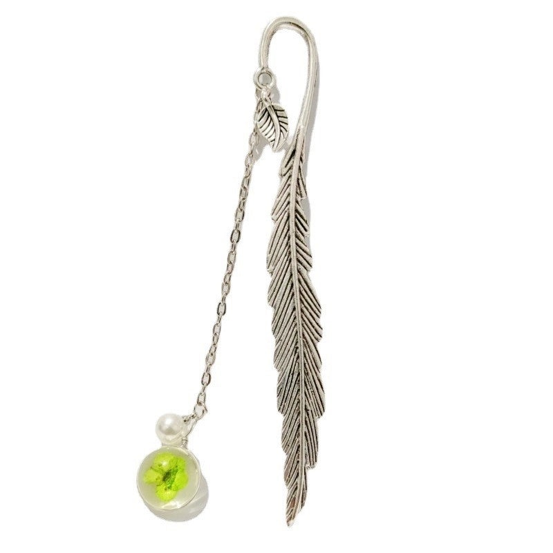 Glass Dried Flower Plant Specimen with Metal Feather Bookmark | Home Decor & Stationery