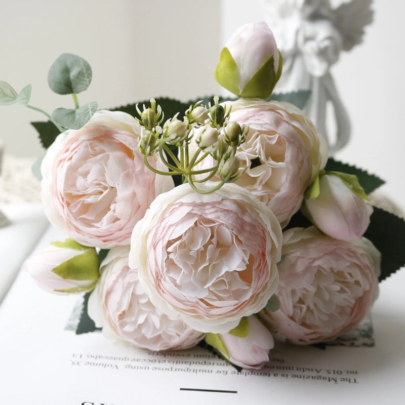 Korean Style 5 Small Peonies and 5 Philippios Rose Artificial Flowers for Wedding Home Decoration|Home Decor Artificial Flowers