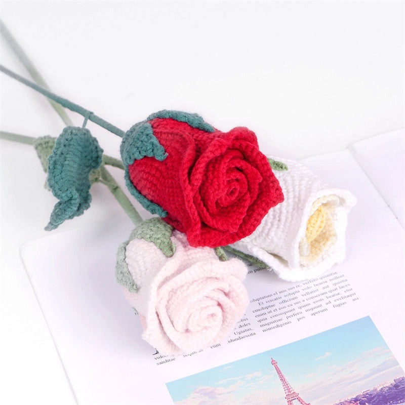 Handmade Wool Woven Eternal Rose Bouquet with Wine Glass Crochet Creative Gift Box for Valentine's Day|Valentine's Gifts