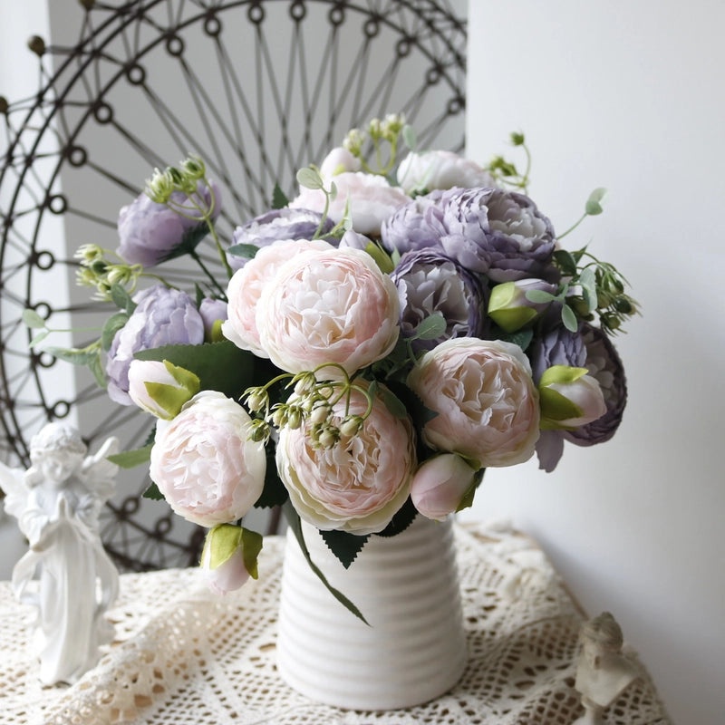 Korean Style 5 Small Peonies and 5 Philippios Rose Artificial Flowers for Wedding Home Decoration|Home Decor Artificial Flowers