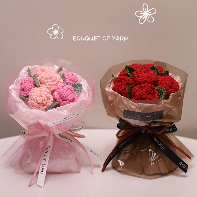 Romantic Valentine’s Day Rose Yarn Artificial Flowers Bouquet|Home Decor Artificial Flowers