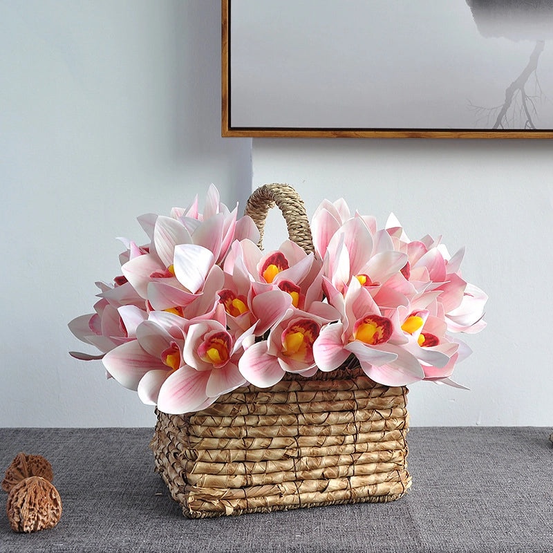Hand-tied 4-Head Artificial Cymbidium Silk Flower Bouquet with 3D Printing for Home Soft Decoration|Home Decor Artificial Flowers