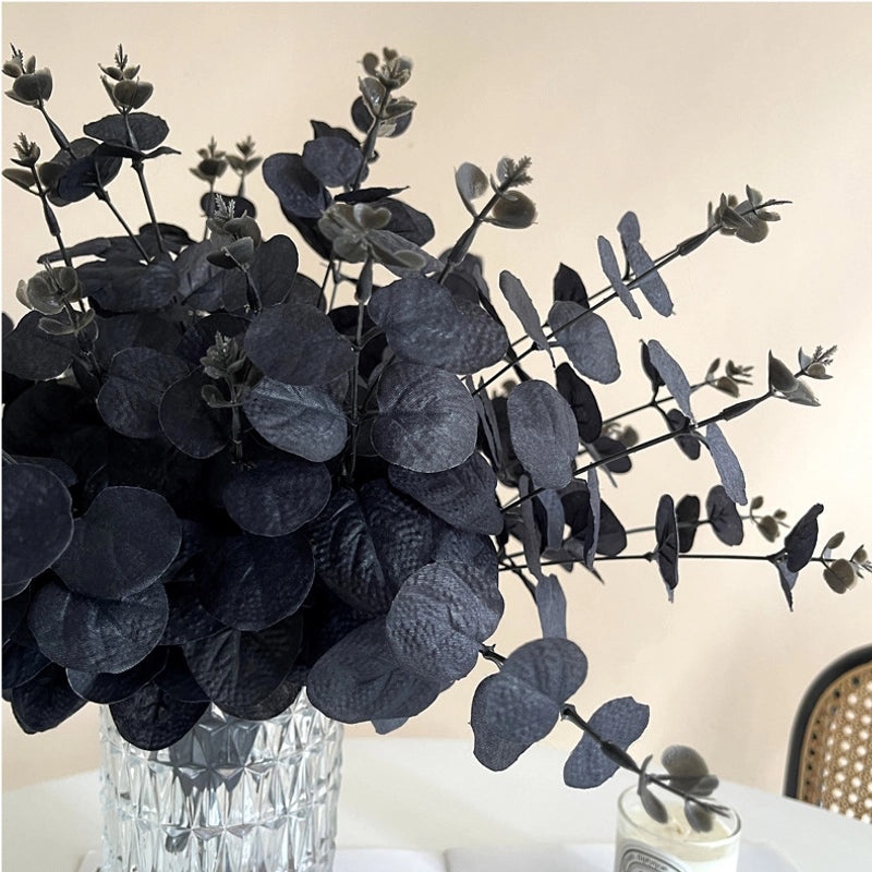 Halloween Black Eucalyptus Leaves Artificial Green Plants Decorative Flowers Single Stem with 4 Forks|Home Decor Artificial Plants