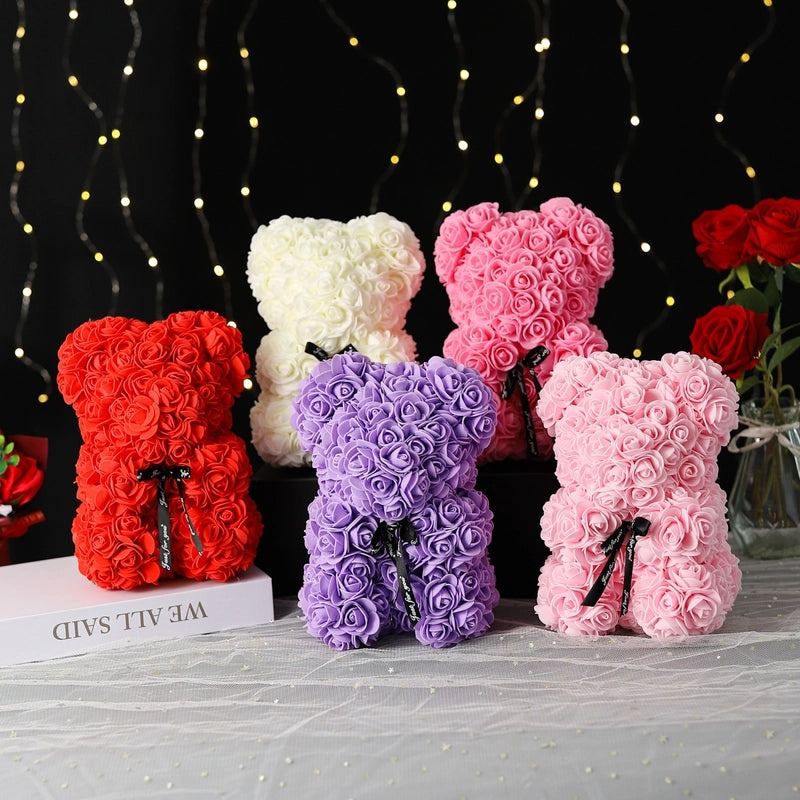 Elegant Bear Figurine with Artificial Flowers for Valentine's Day|Home Decor & Ornaments
