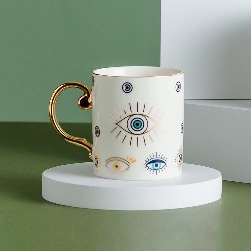 Retro Geometric Devil's Eye White Porcelain Mug with Placemat Set | Kitchen & Dining Accessories