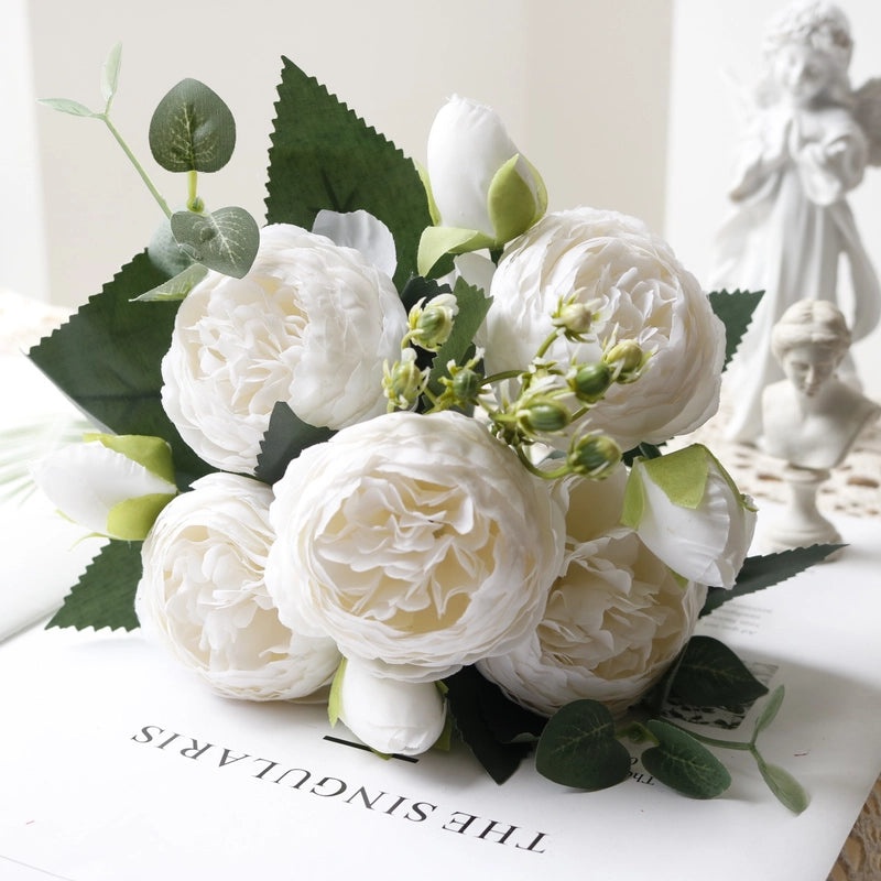 Korean Style 5 Small Peonies and 5 Philippios Rose Artificial Flowers for Wedding Home Decoration|Home Decor Artificial Flowers