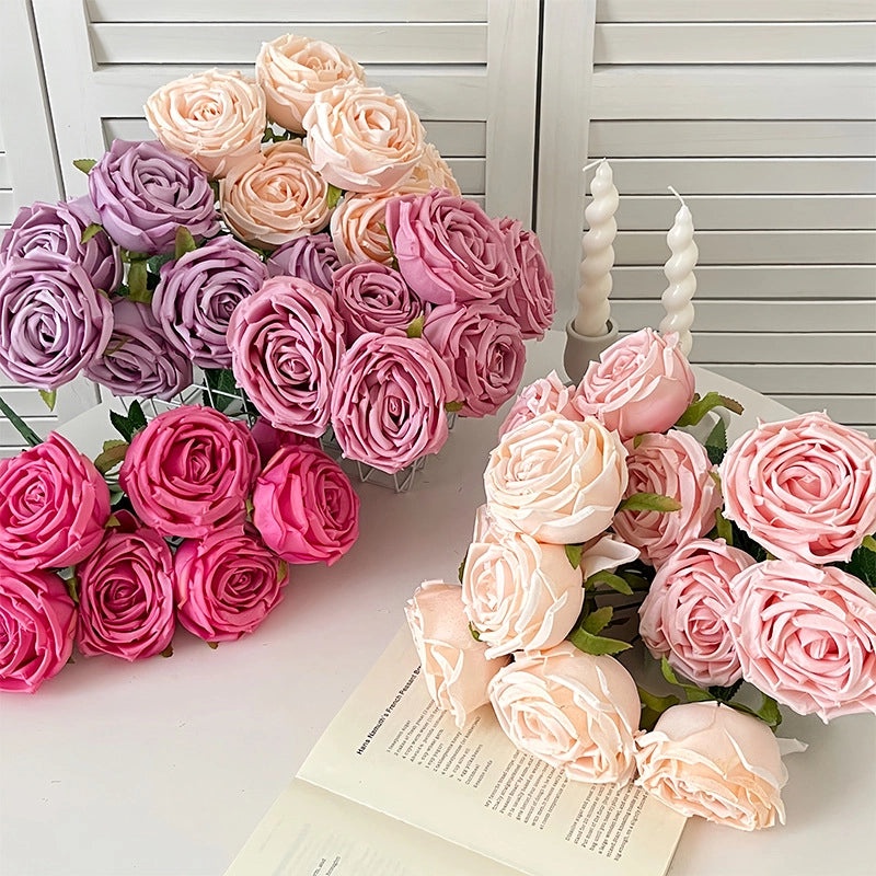 Artificial 7-Head Imperial Concubine Rose Bouquet for Wedding Room Decoration, DIY Flower Arrangement, Photography Props|Home Decor & Wedding Sup