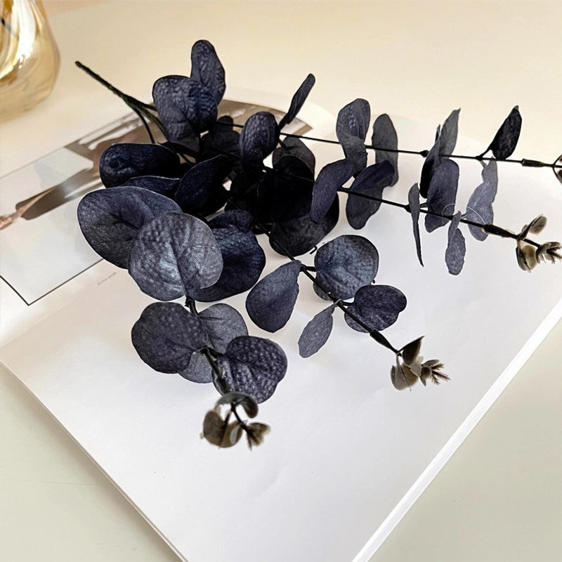 Halloween Black Eucalyptus Leaves Artificial Green Plants Decorative Flowers Single Stem with 4 Forks|Home Decor Artificial Plants