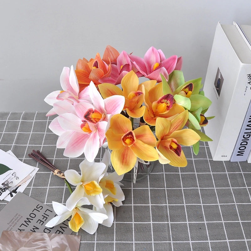 Hand-tied 4-Head Artificial Cymbidium Silk Flower Bouquet with 3D Printing for Home Soft Decoration|Home Decor Artificial Flowers
