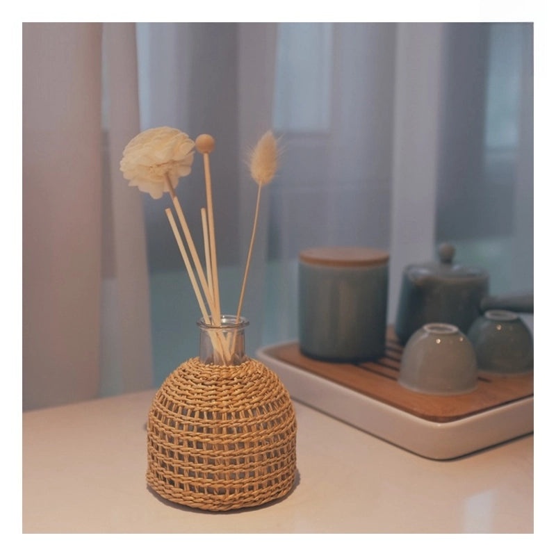 Handwoven Straw Aromatherapy Dried Flower Vase Korean Japanese Style Glass Perfume Bottle|Home Decor & Fragrance