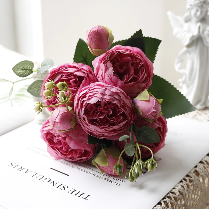 Korean Style 5 Small Peonies and 5 Philippios Rose Artificial Flowers for Wedding Home Decoration|Home Decor Artificial Flowers