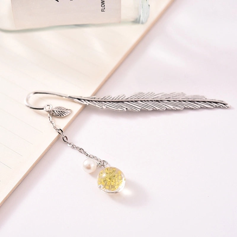 Glass Dried Flower Plant Specimen with Metal Feather Bookmark | Home Decor & Stationery