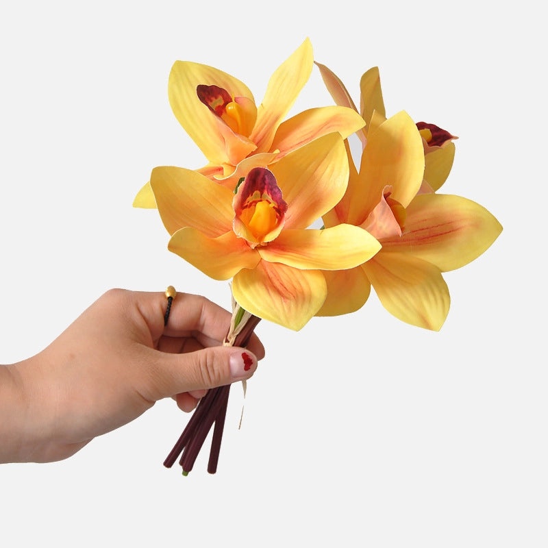 Hand-tied 4-Head Artificial Cymbidium Silk Flower Bouquet with 3D Printing for Home Soft Decoration|Home Decor Artificial Flowers