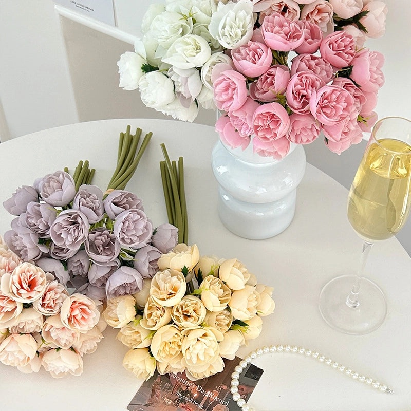 27-Head Tea Rose & Peony Bouquet Fake Flowers Wedding Decor Home Photography Props|Home Decor & Event Supplies