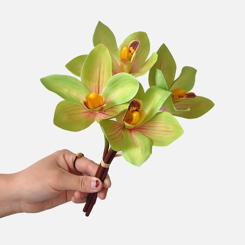 Hand-tied 4-Head Artificial Cymbidium Silk Flower Bouquet with 3D Printing for Home Soft Decoration|Home Decor Artificial Flowers