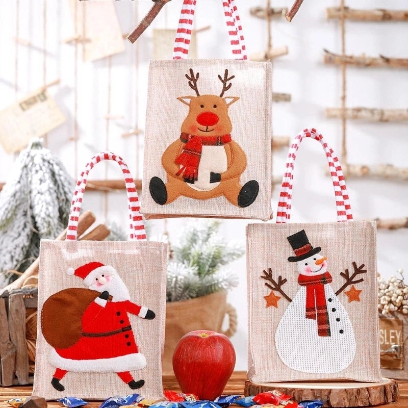 Christmas Burlap Embroidered Tote Bag for Kids|Holiday Decorations & Gift Bags