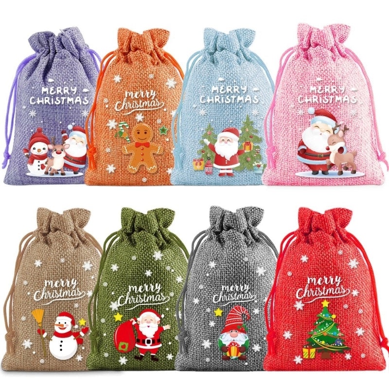 Festive Christmas Santa Snowman Linen Gift Bags for Holiday Party Decor|Holiday Decorations