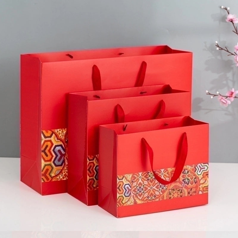 Chinese New Year Red Printed Wide Rope Gift Bag Portable Paper Return Gift Bag|Gift Bags & Packaging