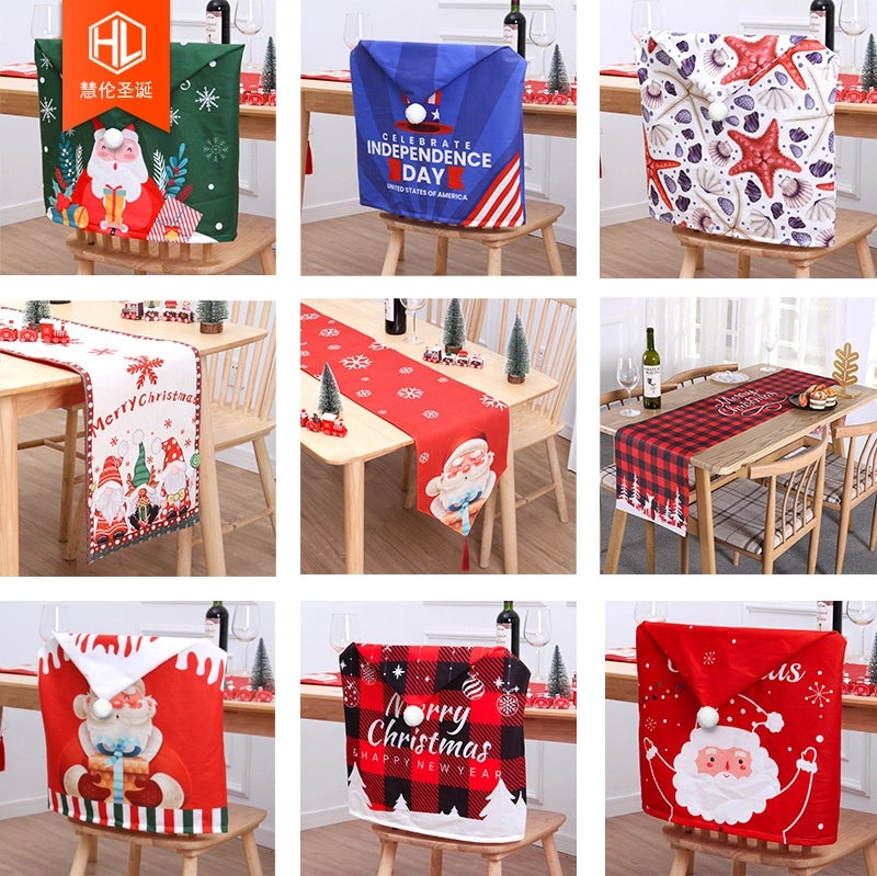 Christmas Holiday Table Runner and Chair Covers with Santa Claus, Snowman Design | Home Decor & Party Supplies