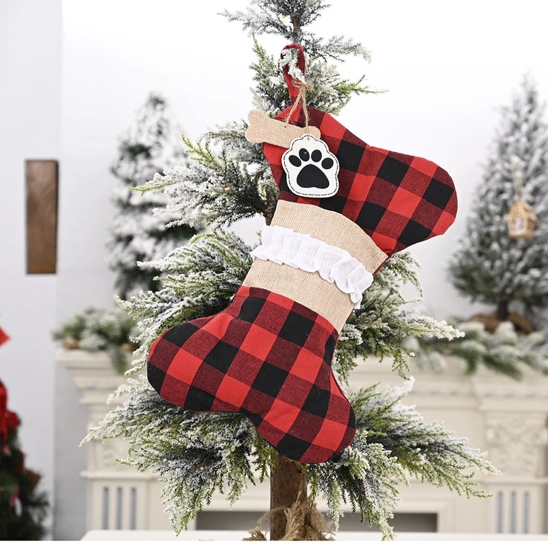 Linen Christmas Stocking Pendant with Lattice Pattern and Candy Bag | Home Decor