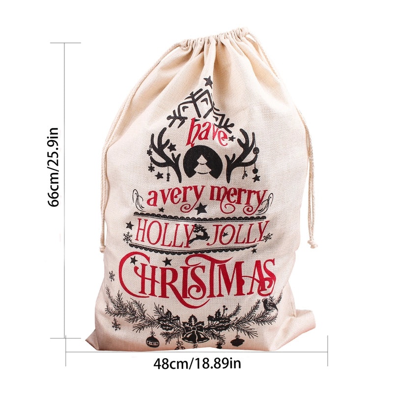 Christmas Large Printed Drawstring Gift Bag Imitation Linen Santa Claus Backpack Holiday Party Favor Bag|Holiday Gift Bags