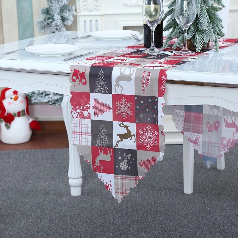 Festive Calico Table Runner with Christmas Ornaments Design|Home Decor & Table Linens