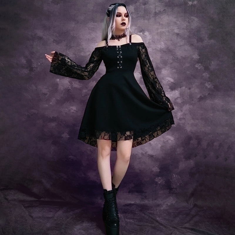 Gothic Princess Dress for Women Long Sleeve Boat Neck Solid Color Patchwork Above Knee Party Wear|Women's Clothing Dresses