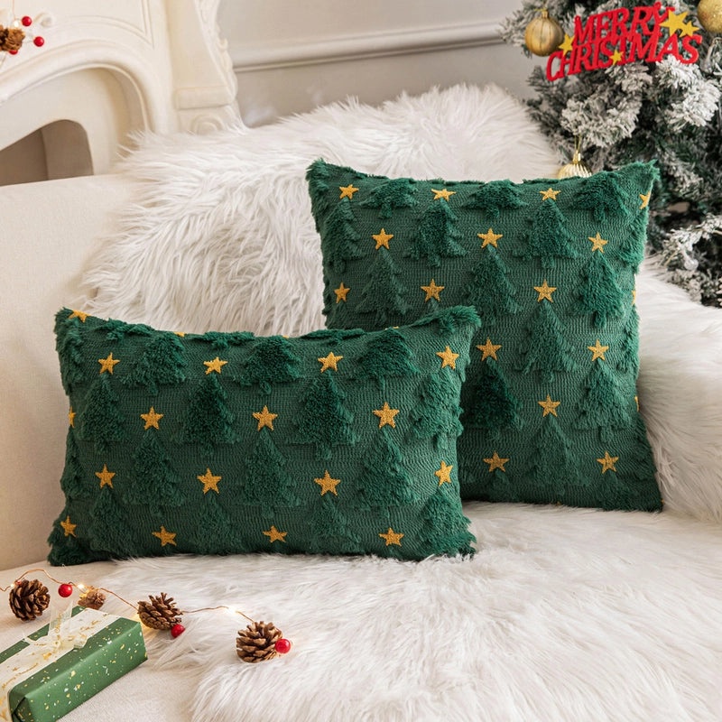 Festive Plush Snowflake & Christmas Tree Embroidered Sofa Cushion Cover|Home Decor & Living Room Accessories