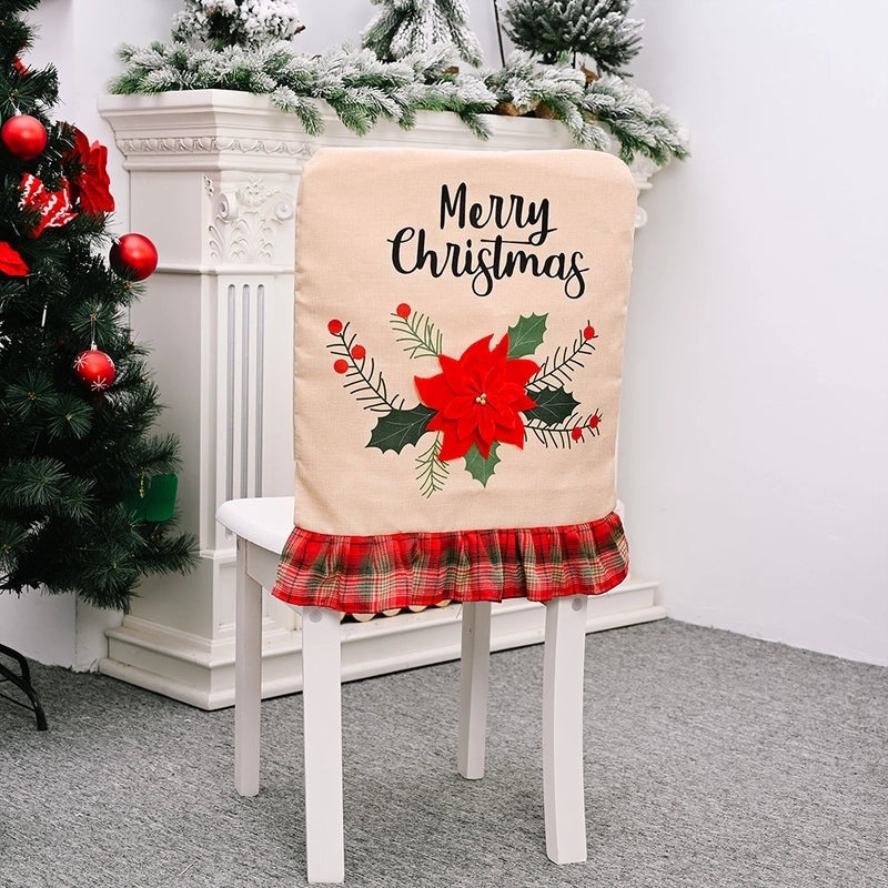 Festive Red Linen Chair Cover with Flower Design for Christmas | Christmas Decorations