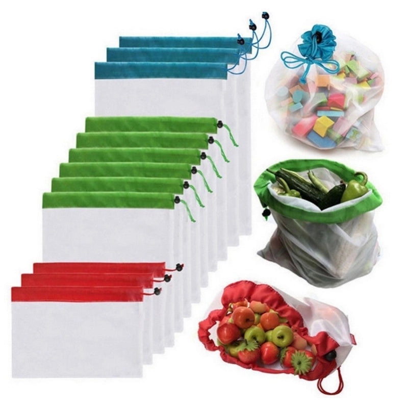 Reusable Patchwork Polyester Mesh Produce Bag with Drawstring | Grocery Storage & Shopping Bags