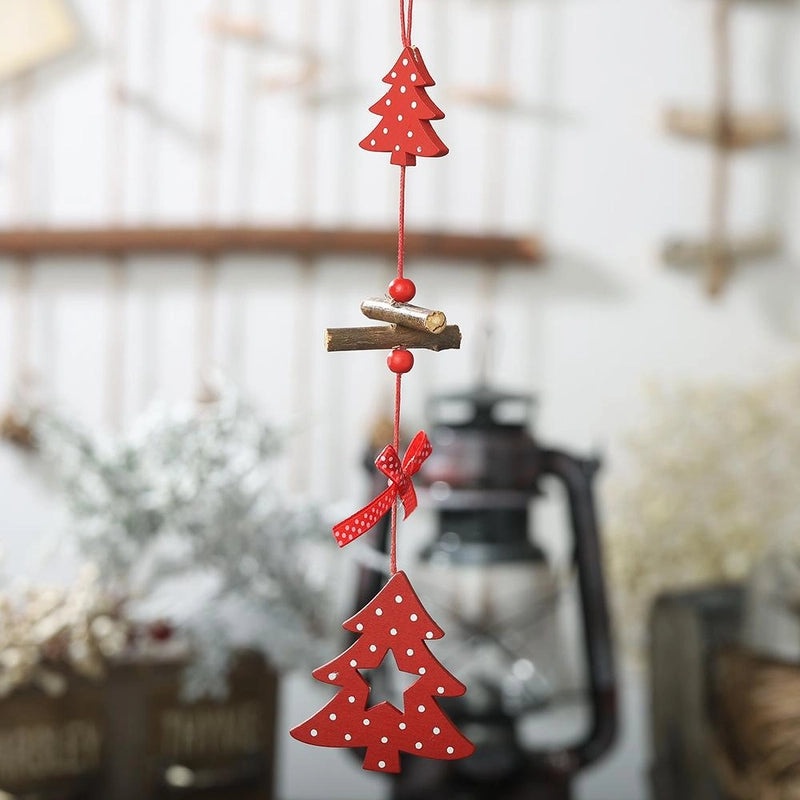 Festive Red Polka Dot Wooden Five-Star Christmas Tree Pendant with Bow and Heart Charm|Holiday Jewelry