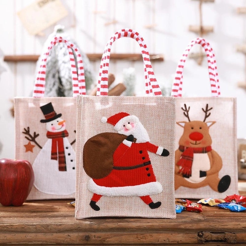 Christmas Burlap Embroidered Tote Bag for Kids|Holiday Decorations & Gift Bags