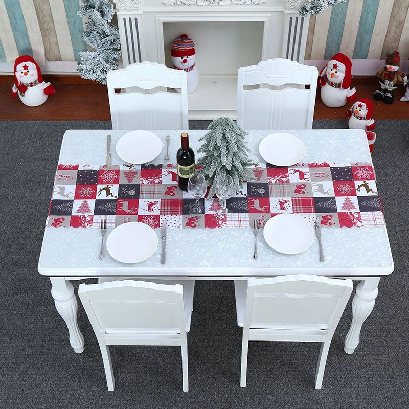 Festive Calico Table Runner with Christmas Ornaments Design|Home Decor & Table Linens